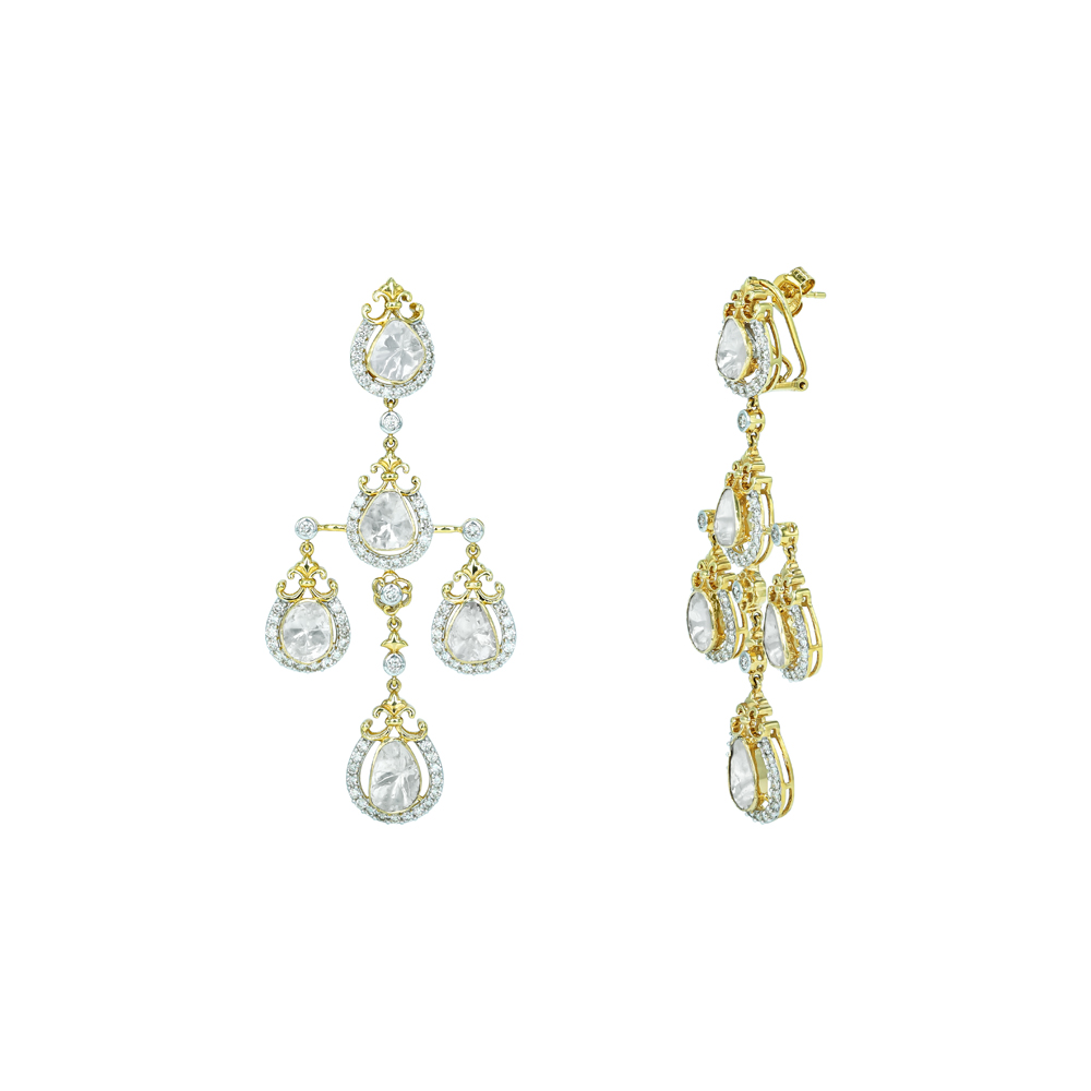 Cascading Polki Diamond Earrings with Delicate Halo Design